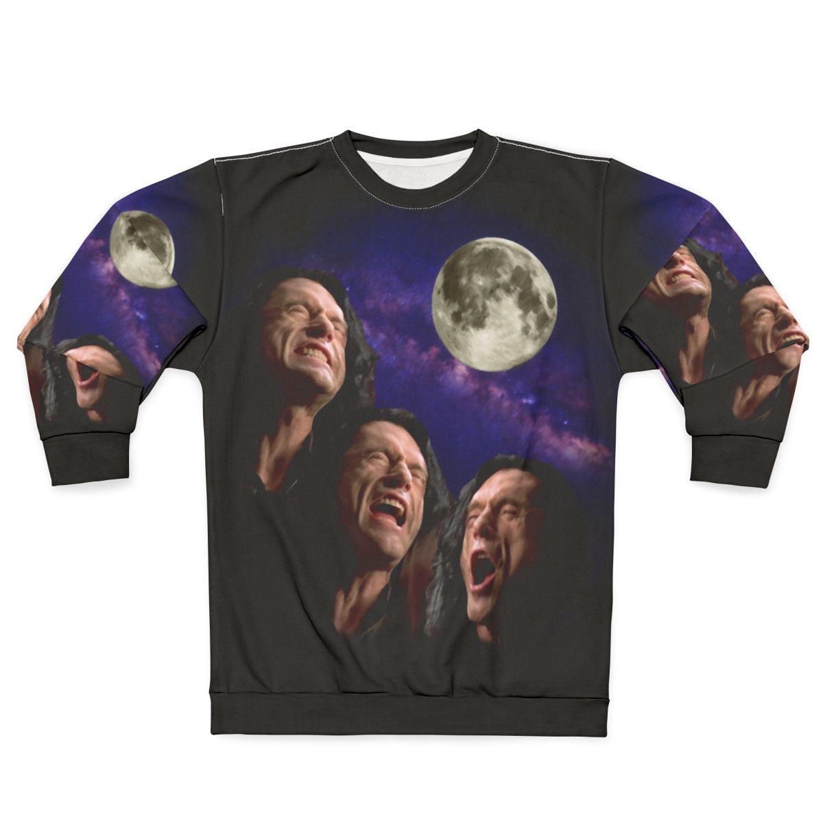 Three Wiseau Moon Sweatshirt with Tommy Wiseau, The Room, and Disaster Artist Meme Design