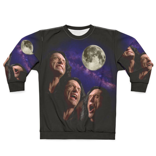 Three Wiseau Moon Sweatshirt with Tommy Wiseau, The Room, and Disaster Artist Meme Design
