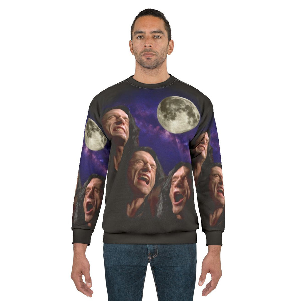 Three Wiseau Moon Sweatshirt with Tommy Wiseau, The Room, and Disaster Artist Meme Design