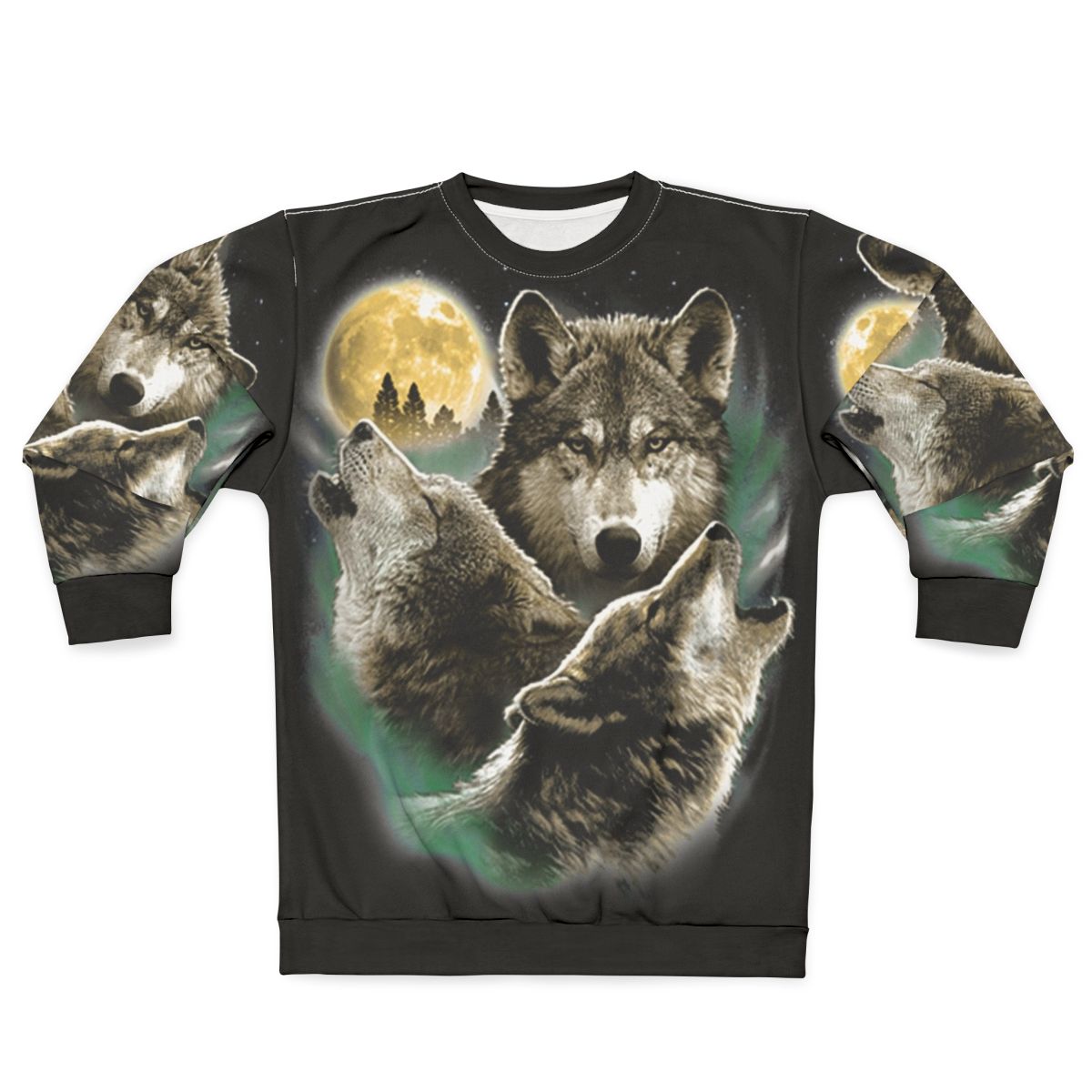 Three howling wolves under a full moon in the wilderness