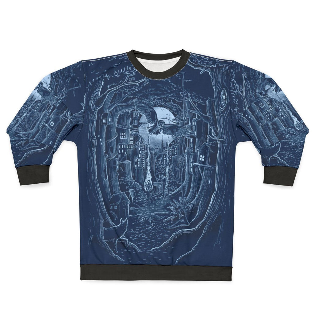 Cozy forest-themed sweatshirt with a night scene of trees, moon, and forest animals