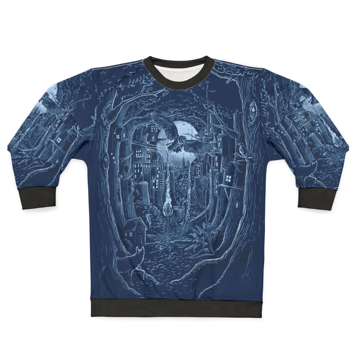 Cozy forest-themed sweatshirt with a night scene of trees, moon, and forest animals