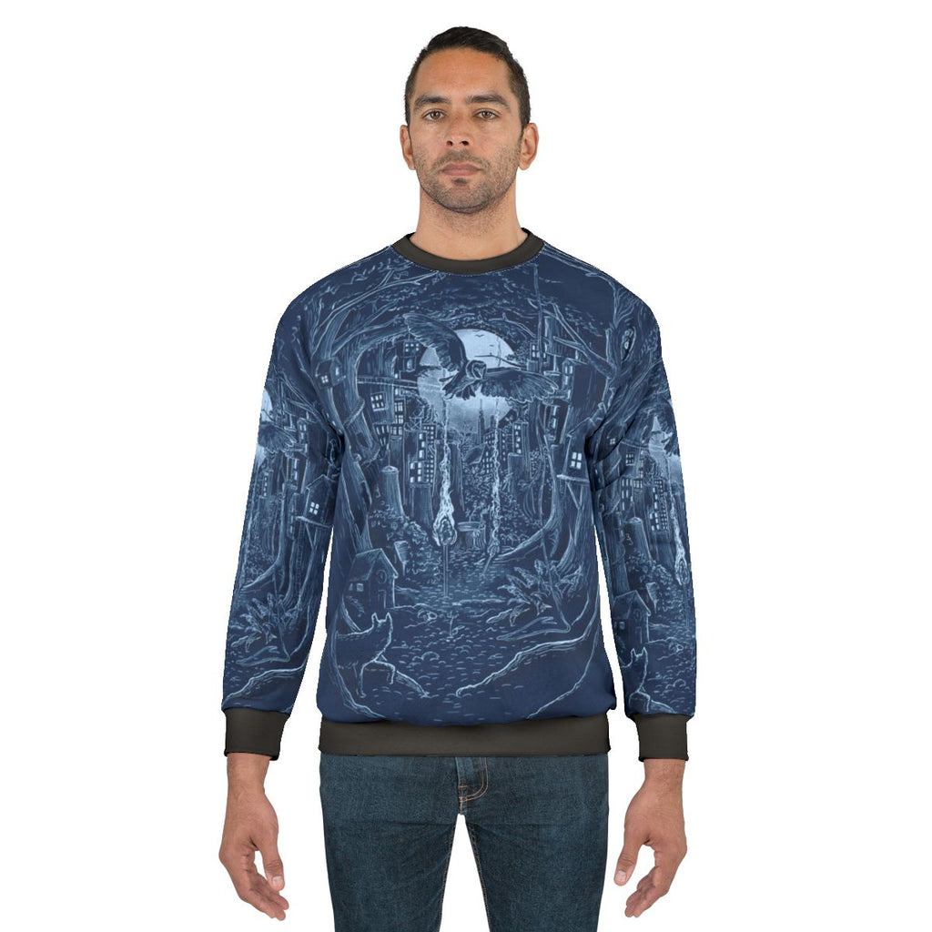 Cozy forest-themed sweatshirt with a night scene of trees, moon, and forest animals