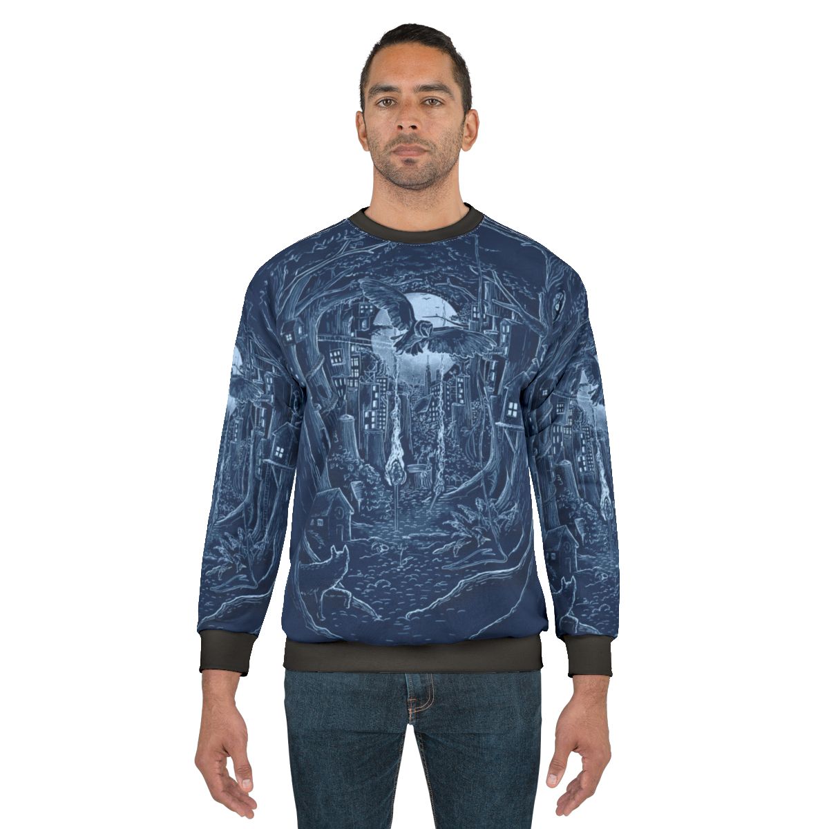 Cozy forest-themed sweatshirt with a night scene of trees, moon, and forest animals