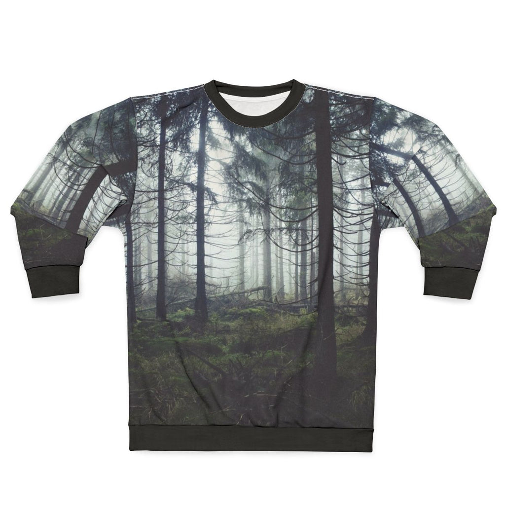 Through The Trees Sweatshirt featuring a nature-inspired foggy forest landscape