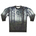 Through The Trees Sweatshirt featuring a nature-inspired foggy forest landscape