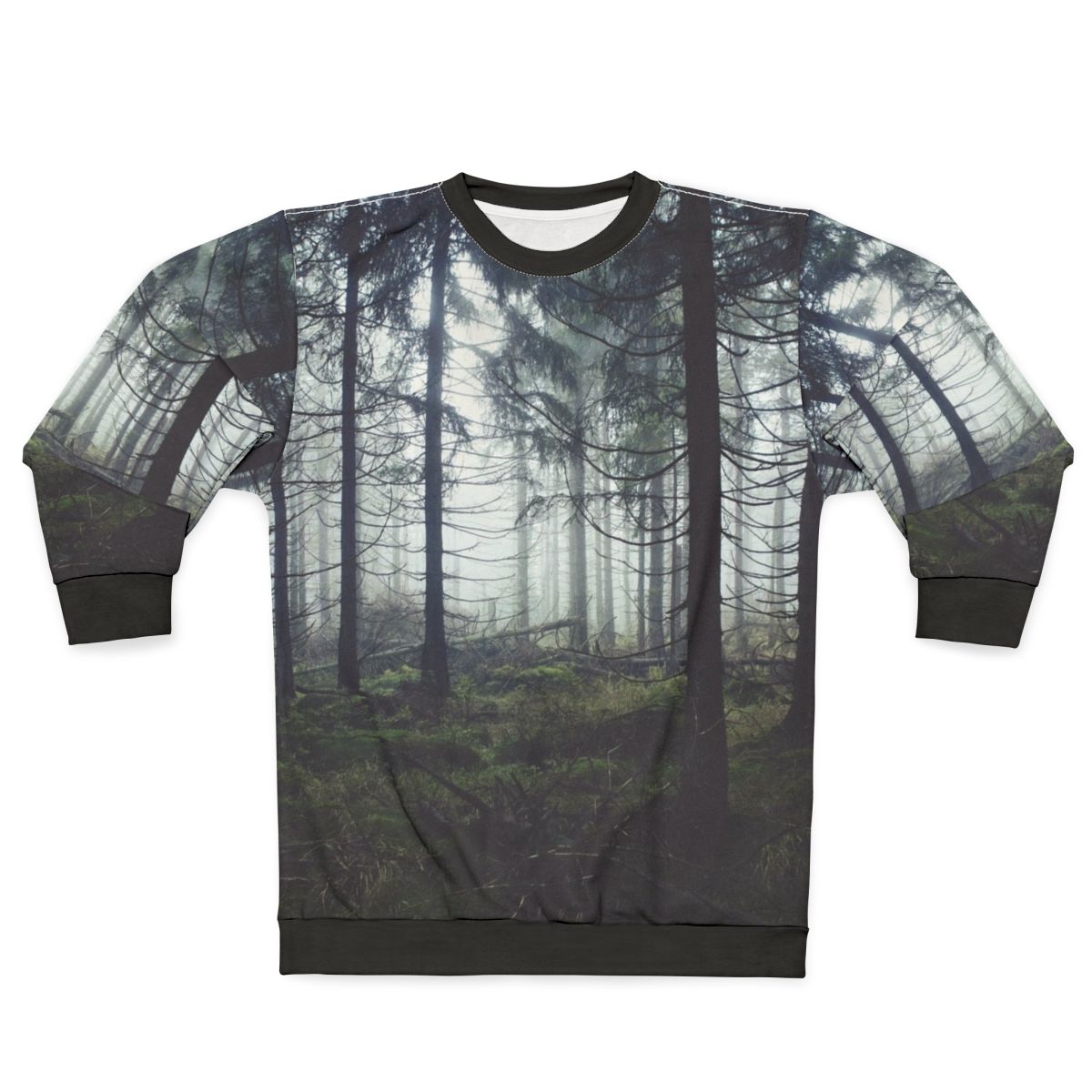 Through The Trees Sweatshirt featuring a nature-inspired foggy forest landscape