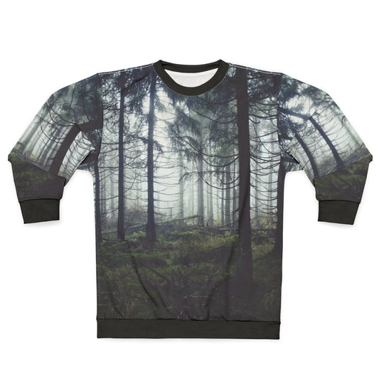Through The Trees Sweatshirt featuring a nature-inspired foggy forest landscape