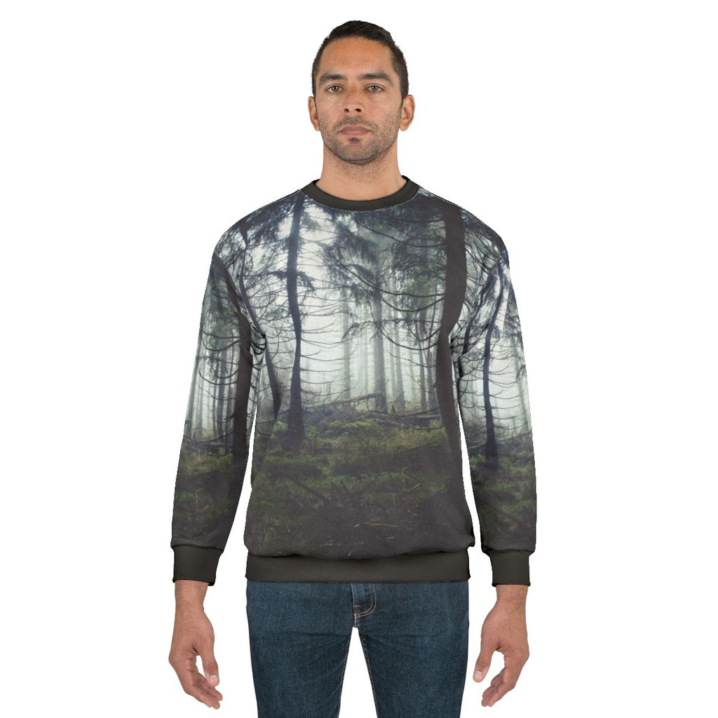 Through The Trees Sweatshirt featuring a nature-inspired foggy forest landscape
