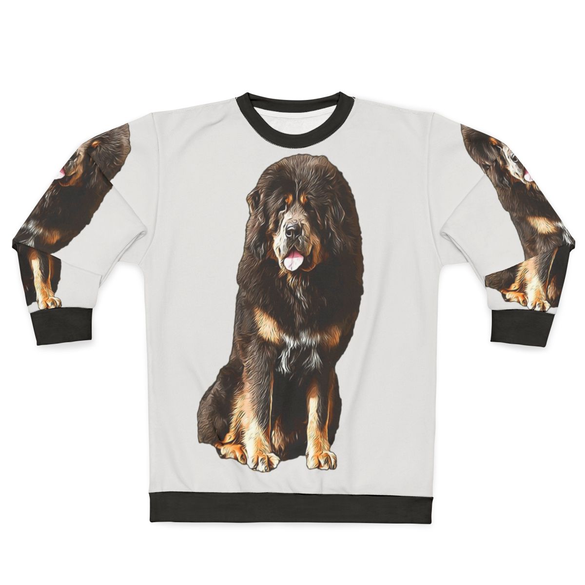 Tibetan Mastiff wearing a cozy animal print sweatshirt
