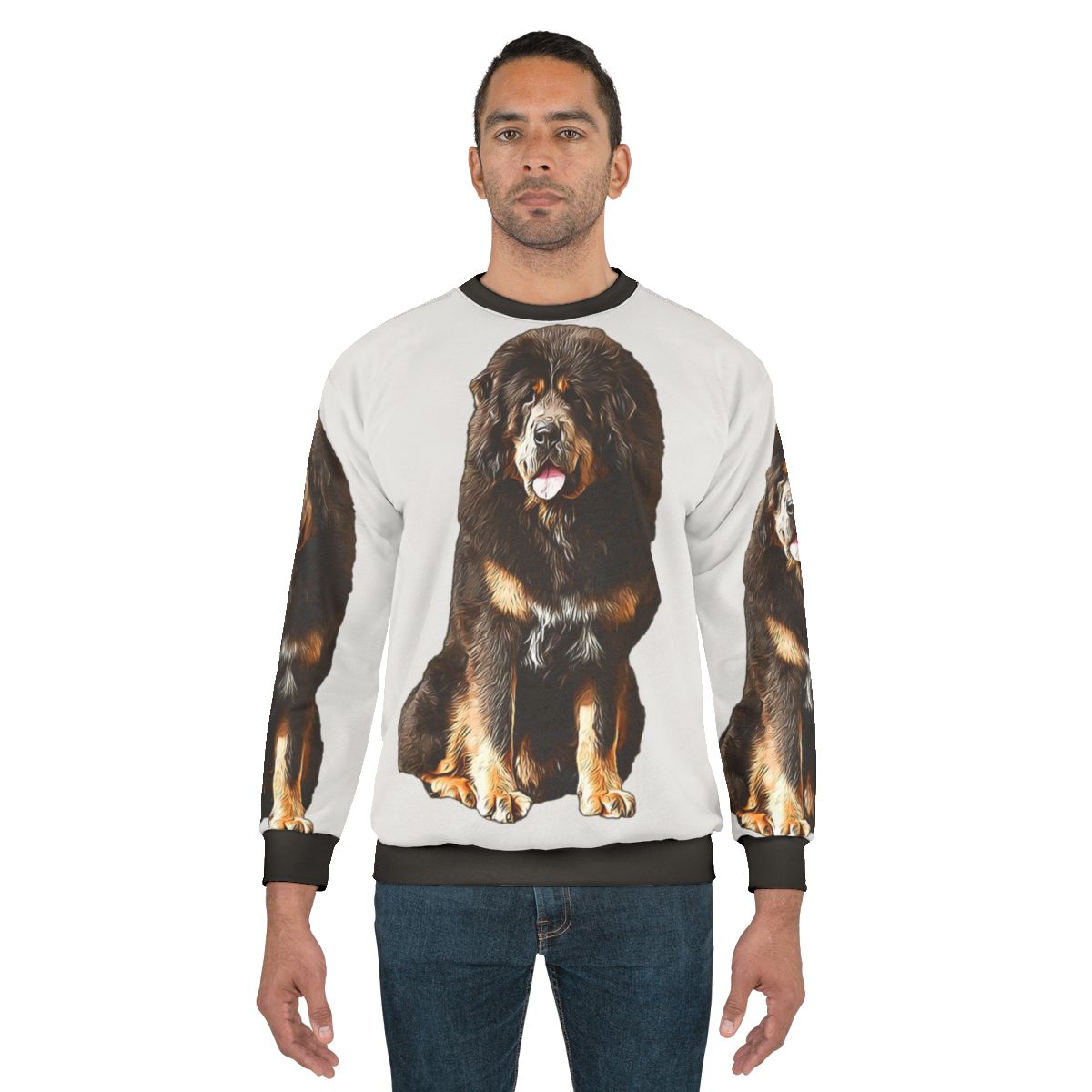 Tibetan Mastiff wearing a cozy animal print sweatshirt