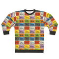 Retro board game lover wearing a Ticket to Ride-themed sweatshirt