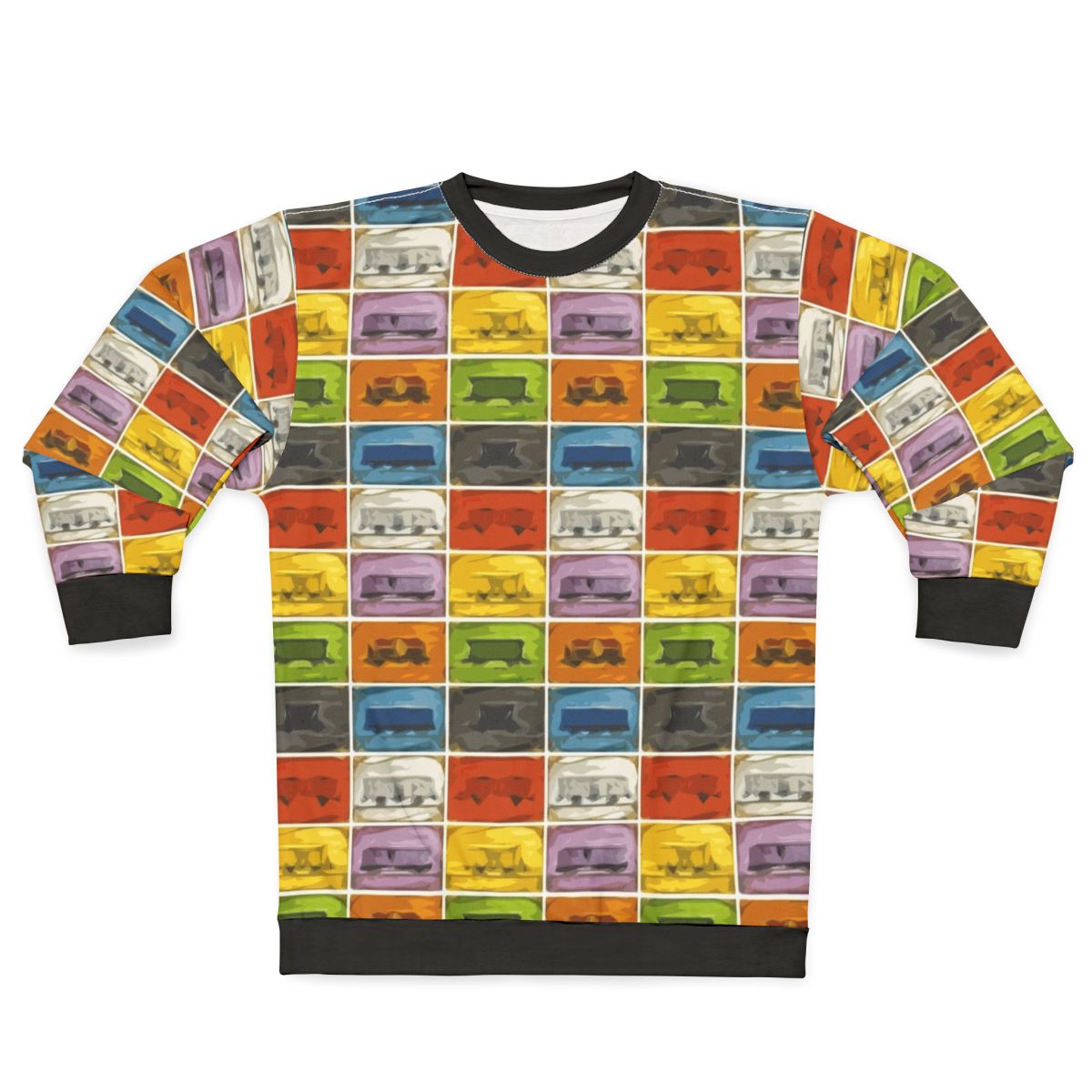 Retro board game lover wearing a Ticket to Ride-themed sweatshirt