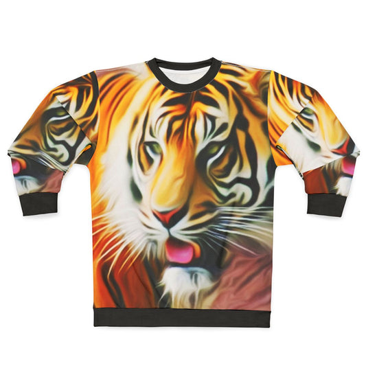 Colorful abstract tiger graphic on sweatshirt