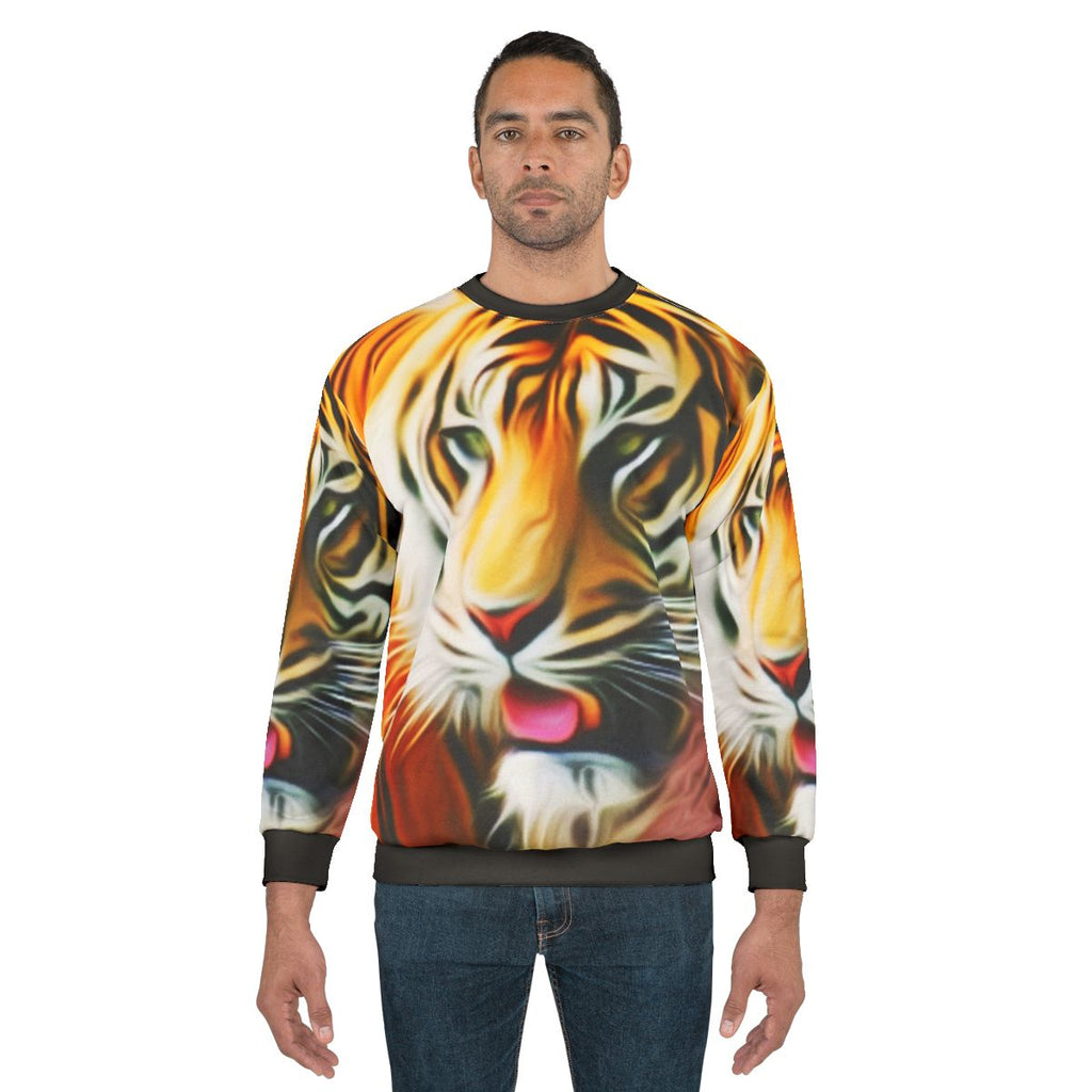 Colorful abstract tiger graphic on sweatshirt