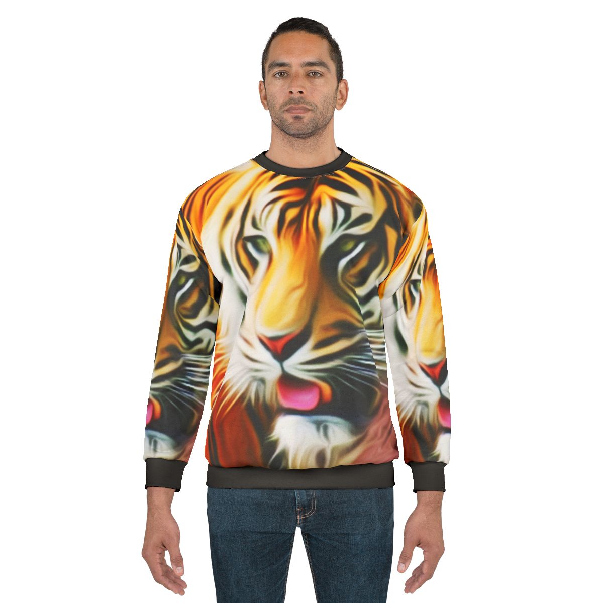Colorful abstract tiger graphic on sweatshirt