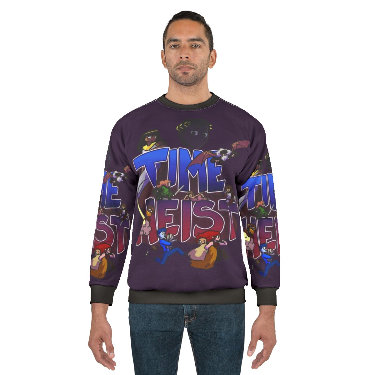 Time Heist Sweatshirt featuring historical figures like Leonardo da Vinci, Cleopatra, and Julius Caesar
