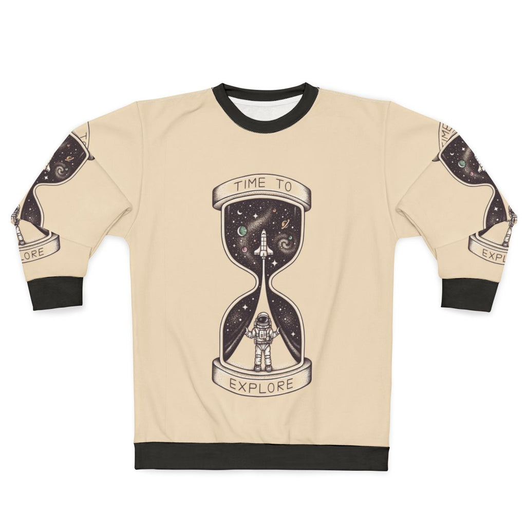 Time To Explore Sweatshirt with astronaut, galaxy, and rocket launch design