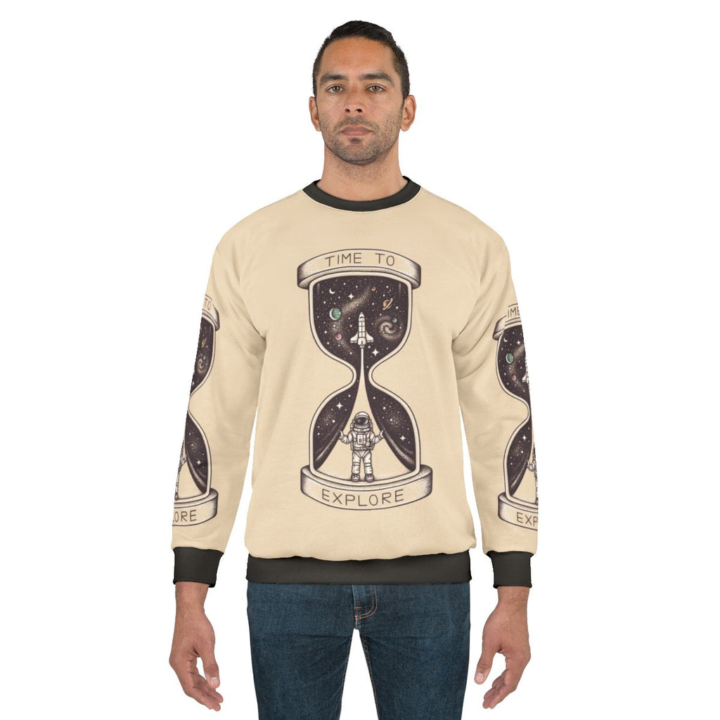 Time To Explore Sweatshirt with astronaut, galaxy, and rocket launch design