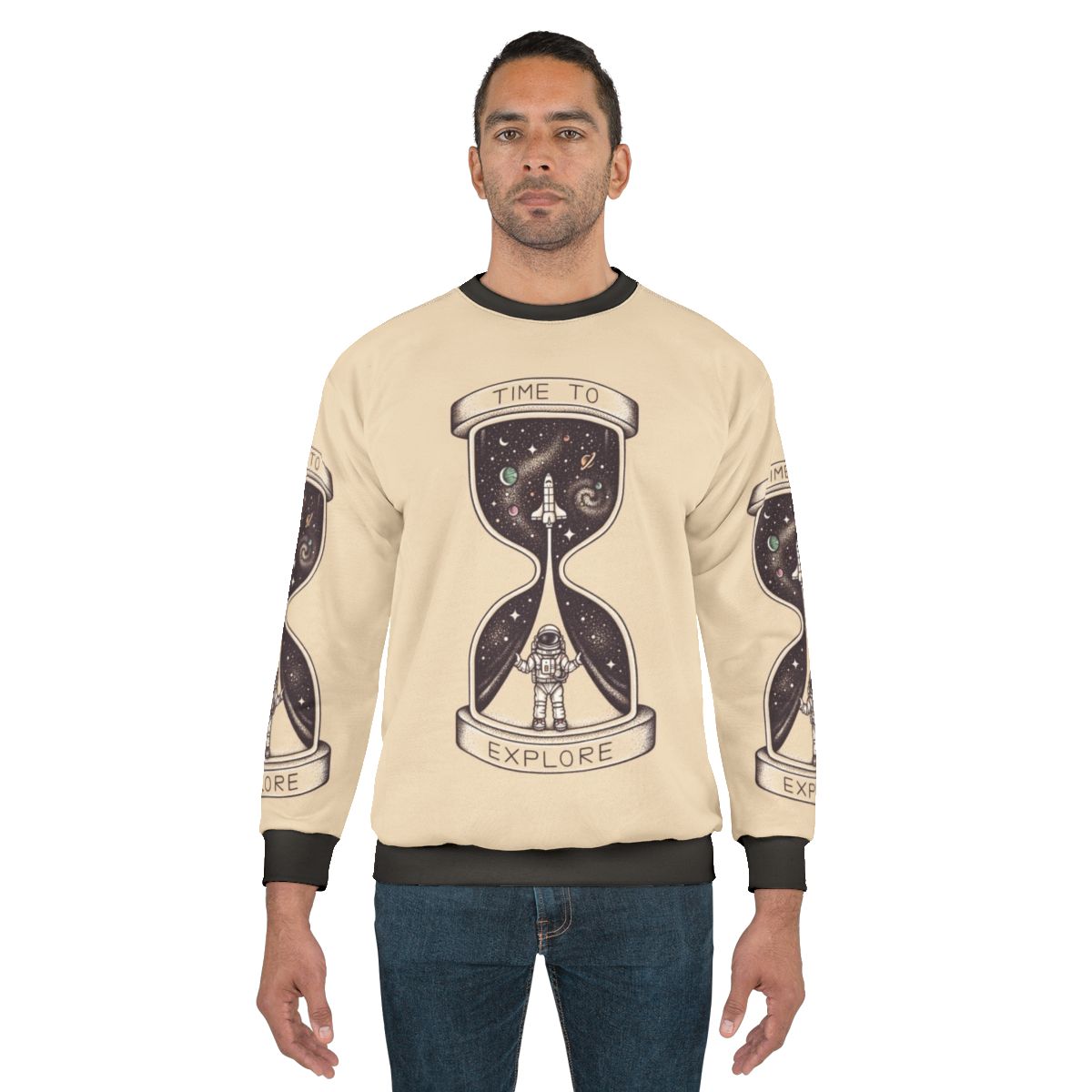 Time To Explore Sweatshirt with astronaut, galaxy, and rocket launch design
