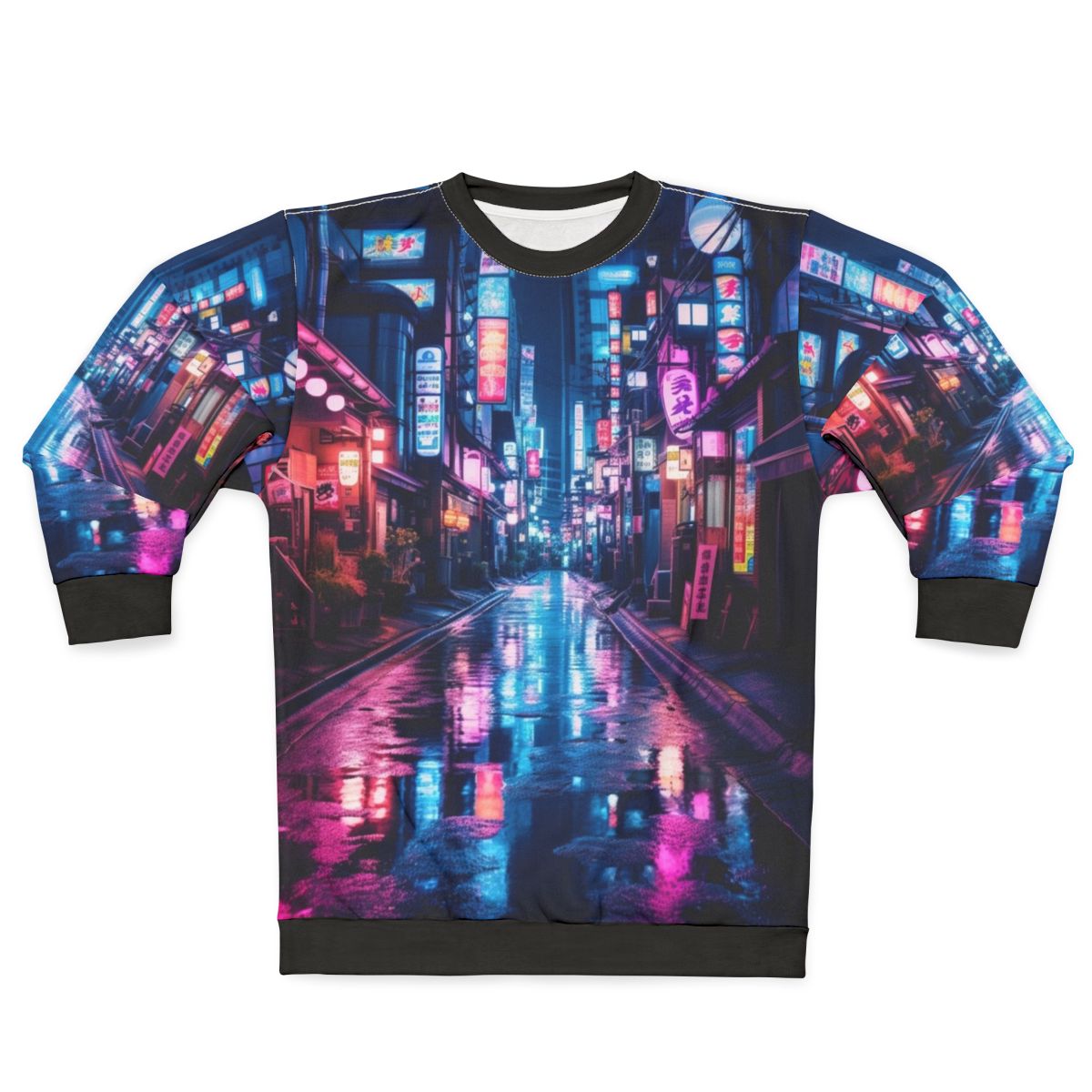 Neon-lit Tokyo street scene sweatshirt