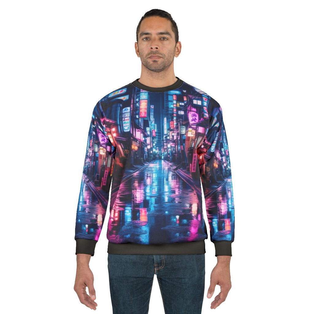 Neon-lit Tokyo street scene sweatshirt