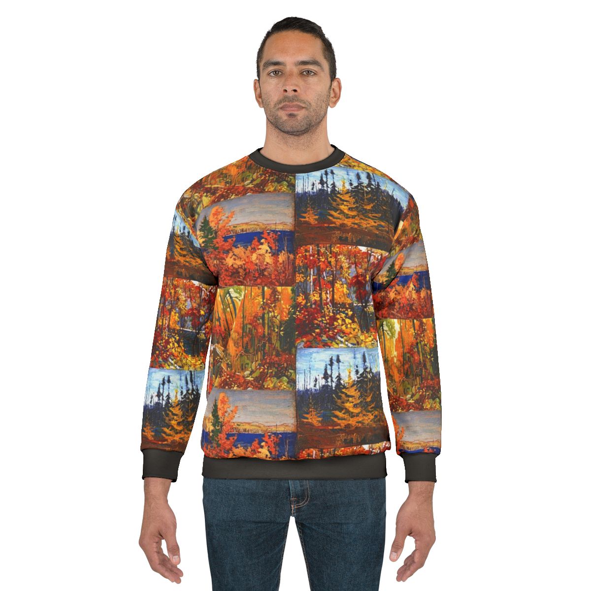 Autumn Collage Sweatshirt featuring a colorful design inspired by Canadian painter Tom Thomson