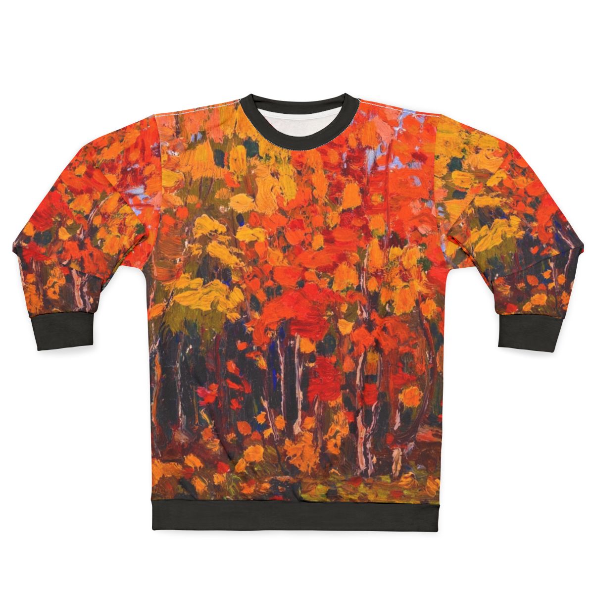 Tom Thomson Autumn Wood Sweatshirt featuring a colorful impressionist landscape painting