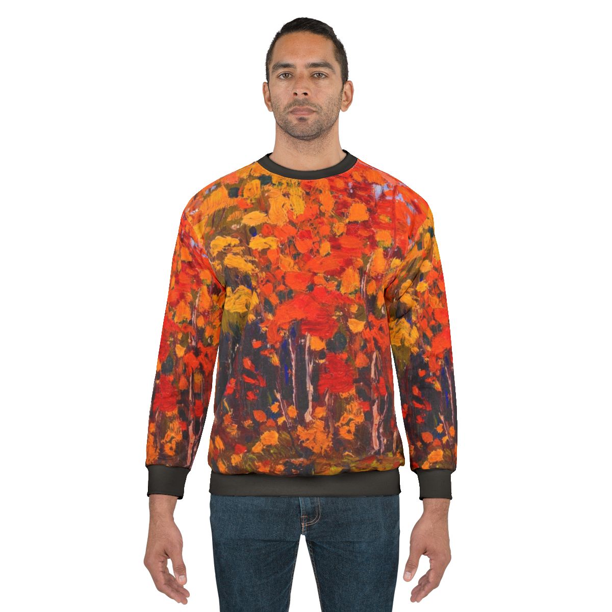 Tom Thomson Autumn Wood Sweatshirt featuring a colorful impressionist landscape painting