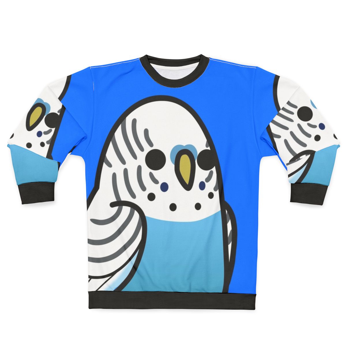 Blue budgie sweatshirt with too many adorable birds