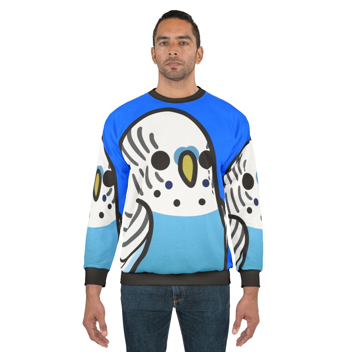Blue budgie sweatshirt with too many adorable birds