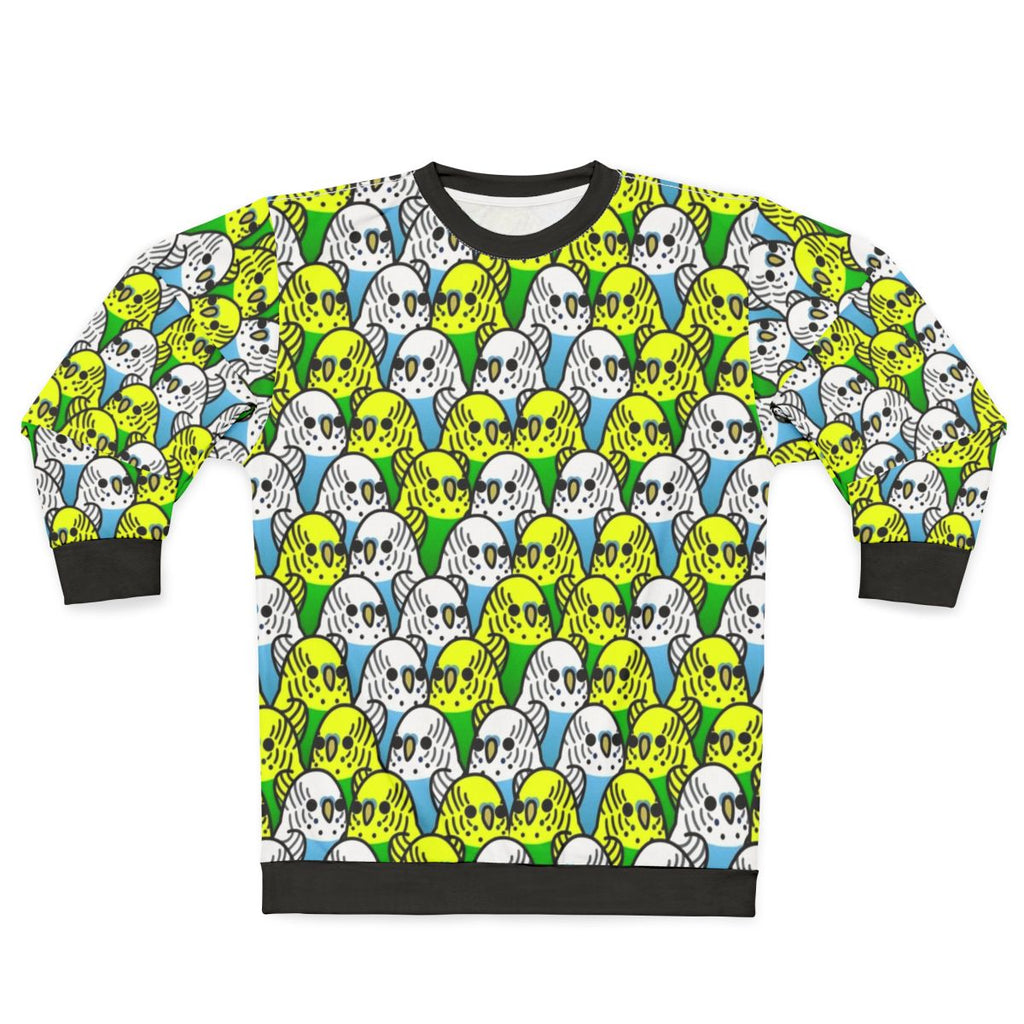 Too Many Birds Budgie Squad 1 Sweatshirt featuring a flock of budgies and other birds