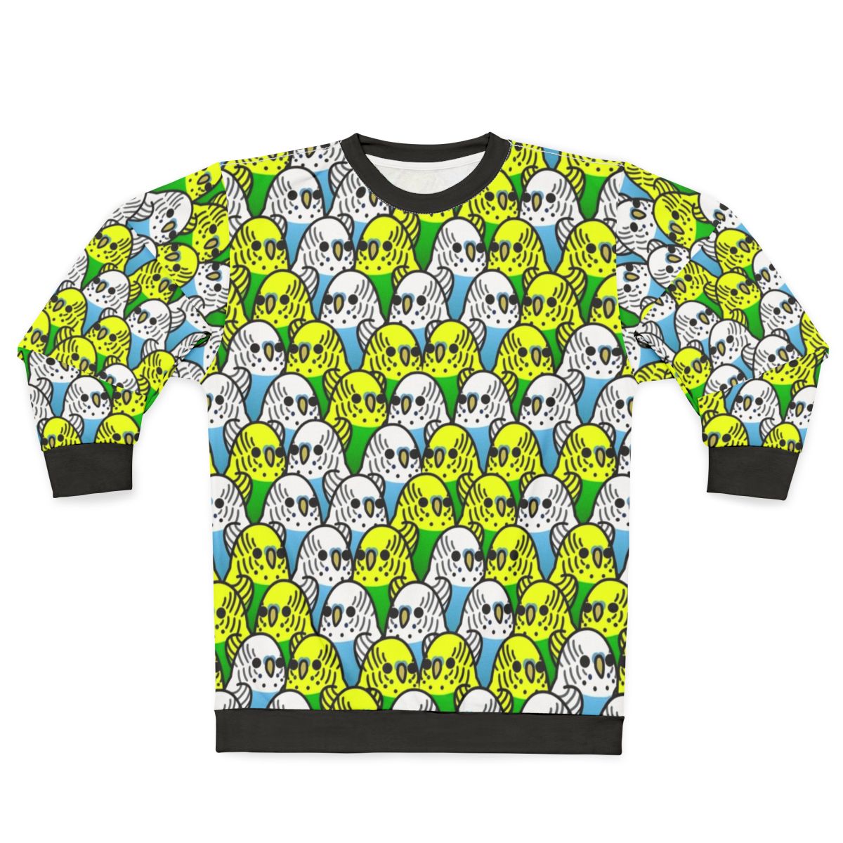 Too Many Birds Budgie Squad 1 Sweatshirt featuring a flock of budgies and other birds