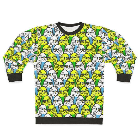 Too Many Birds Budgie Squad 1 Sweatshirt featuring a flock of budgies and other birds