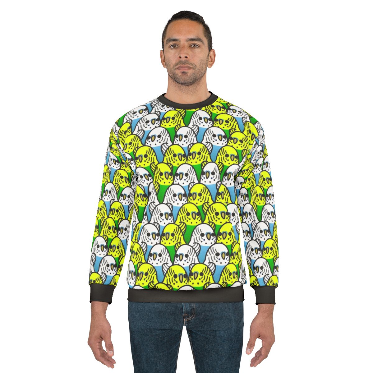 Too Many Birds Budgie Squad 1 Sweatshirt featuring a flock of budgies and other birds
