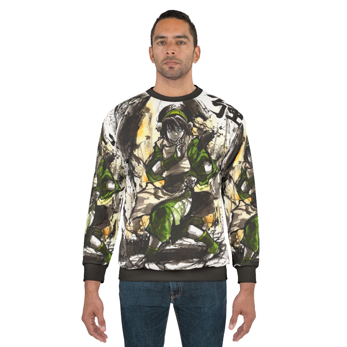 Toph from Avatar the Last Airbender, an earthbender, featured in a sweatshirt design with sumi and watercolor art
