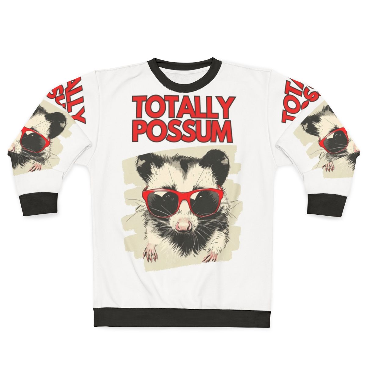 Possum wearing sunglasses on a cozy sweatshirt