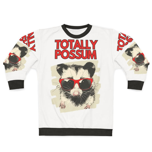 Possum wearing sunglasses on a cozy sweatshirt