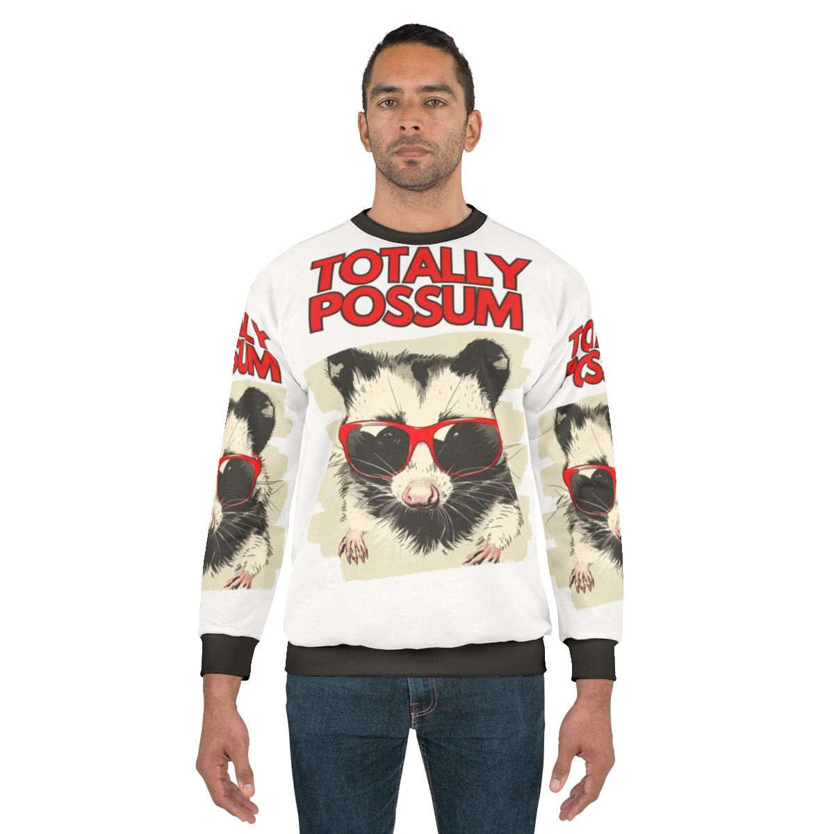 Possum wearing sunglasses on a cozy sweatshirt