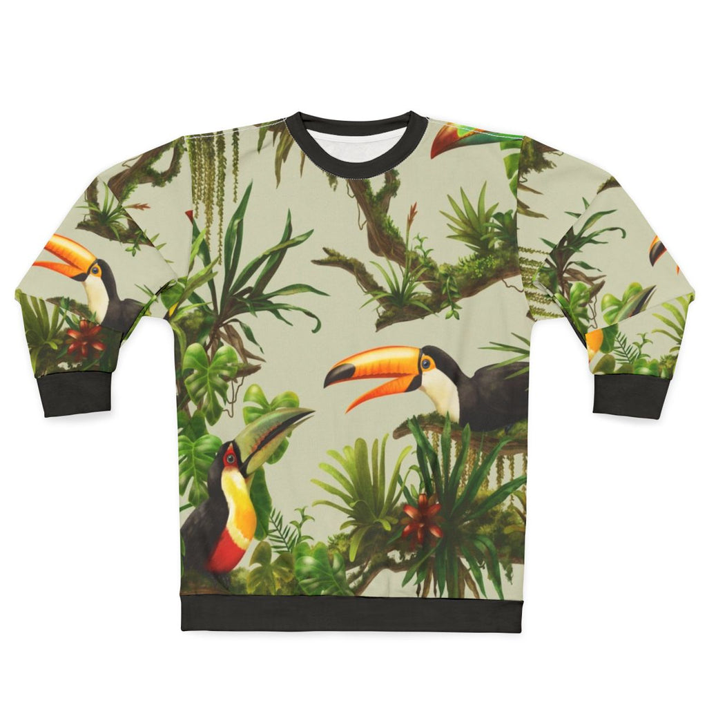 Toucan and bromeliad pattern printed on a sweatshirt
