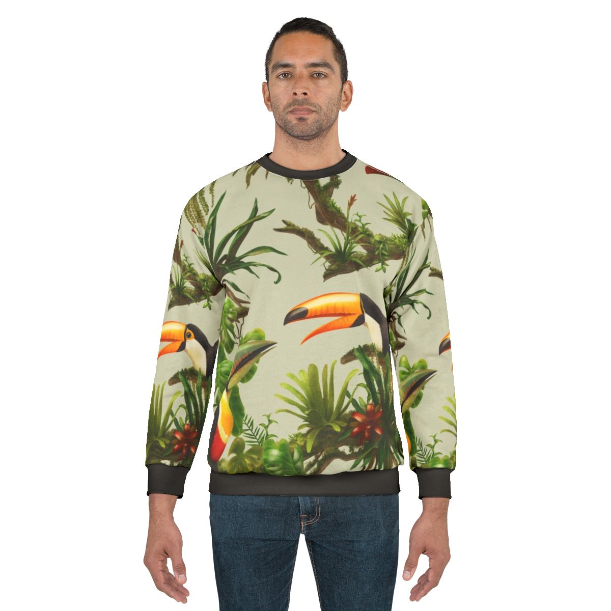Toucan and bromeliad pattern printed on a sweatshirt