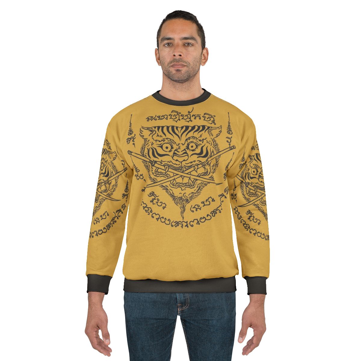 Traditional Thai Tattoo Tiger Swords Emblem Sweatshirt