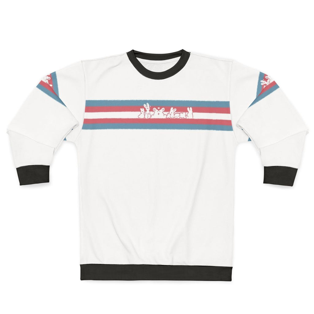Transgender pride flag design on a cozy sweatshirt with a rabbit bun image
