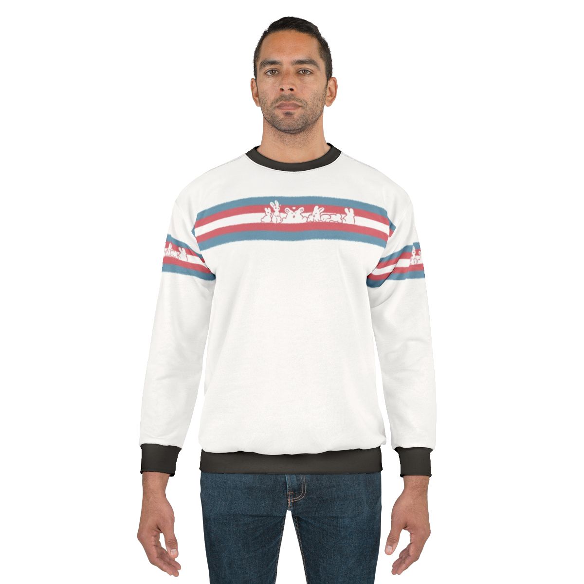 Transgender pride flag design on a cozy sweatshirt with a rabbit bun image