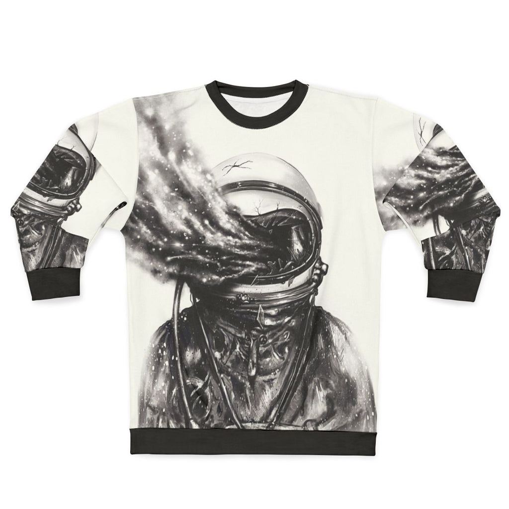 Transposed cosmic galaxy sweatshirt with surreal spaceman design
