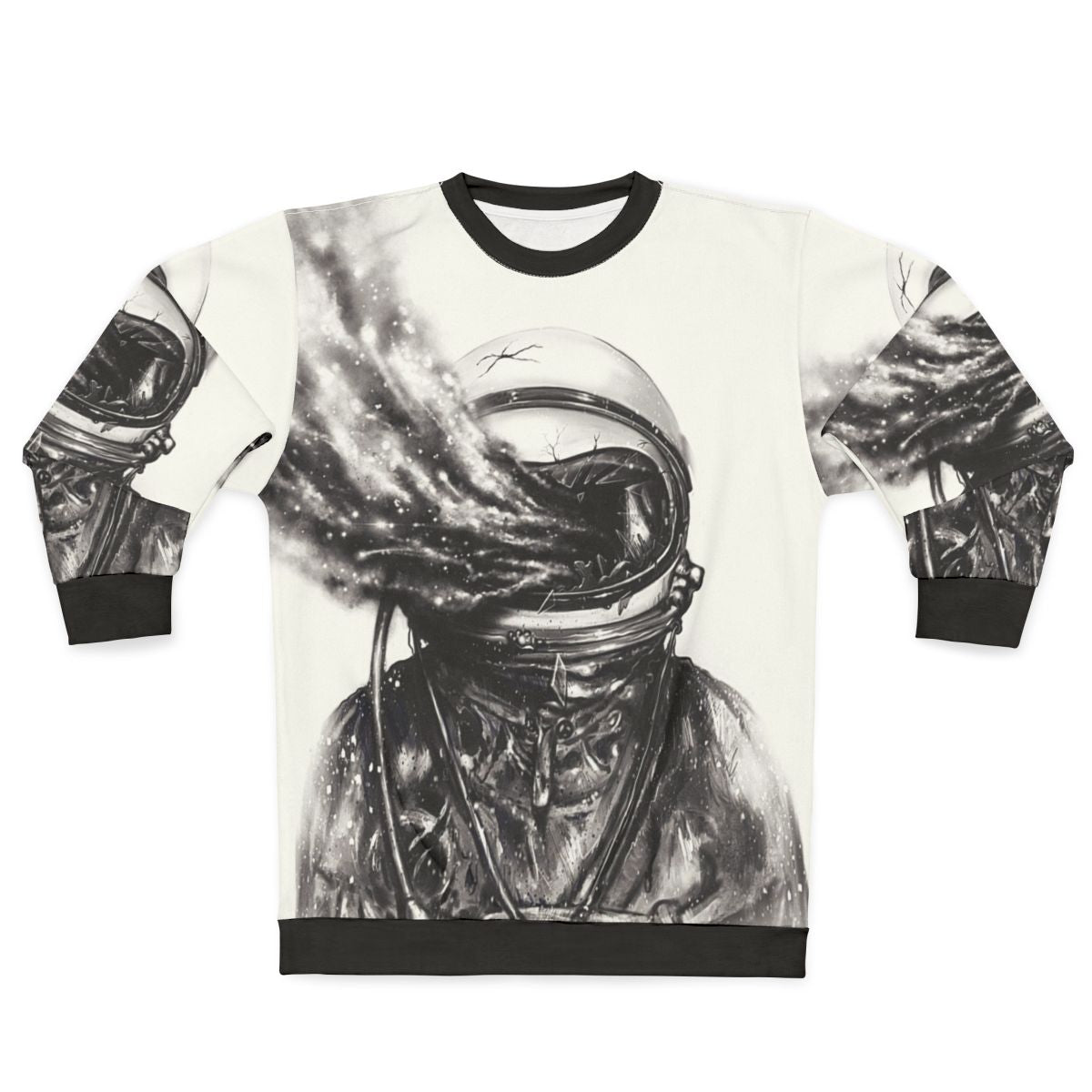 Transposed cosmic galaxy sweatshirt with surreal spaceman design