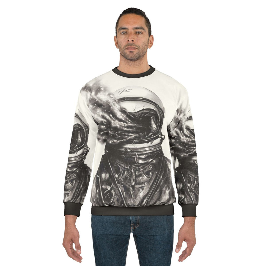 Transposed cosmic galaxy sweatshirt with surreal spaceman design