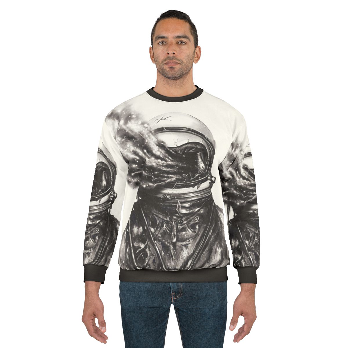 Transposed cosmic galaxy sweatshirt with surreal spaceman design