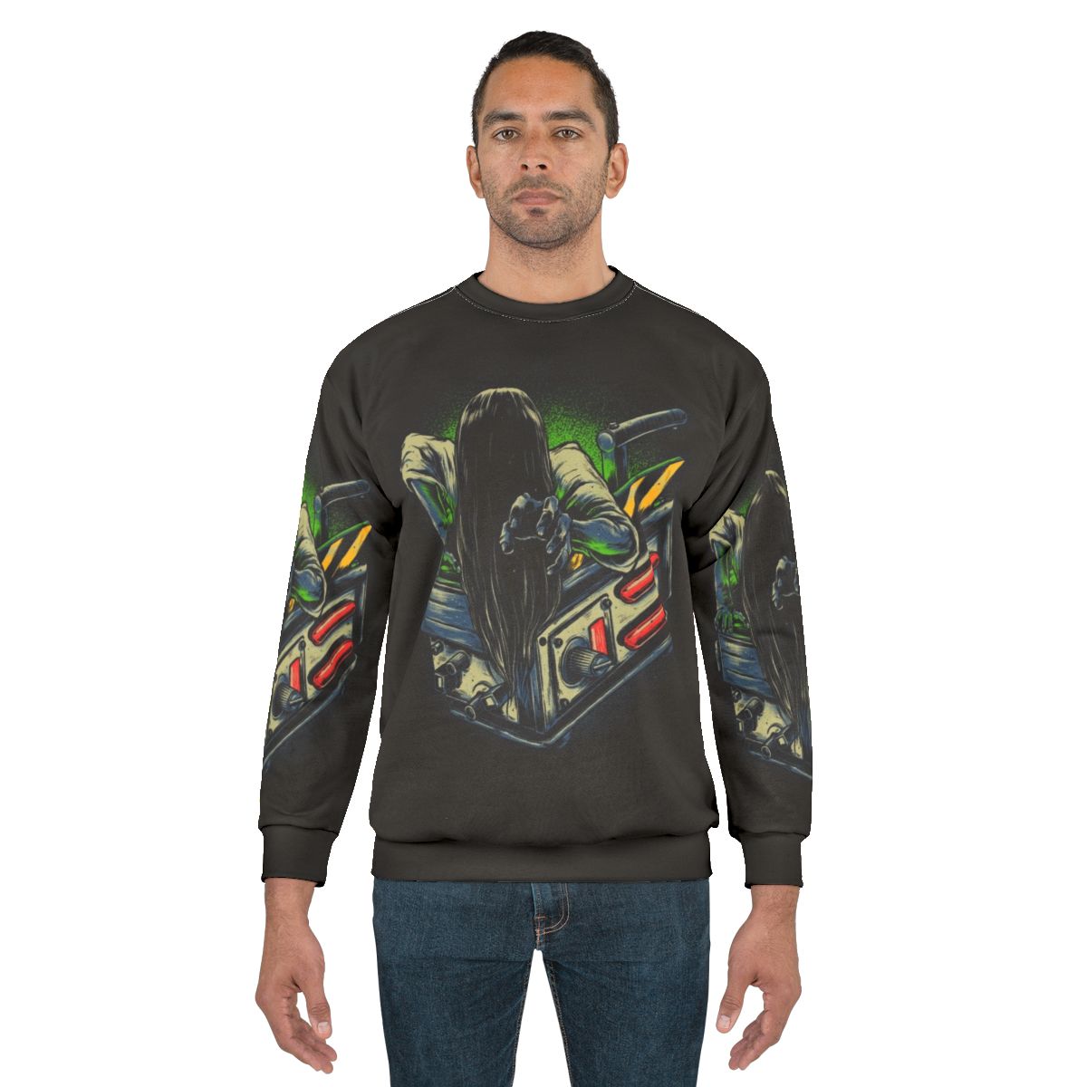 Trapped ghost design on a grey sweatshirt