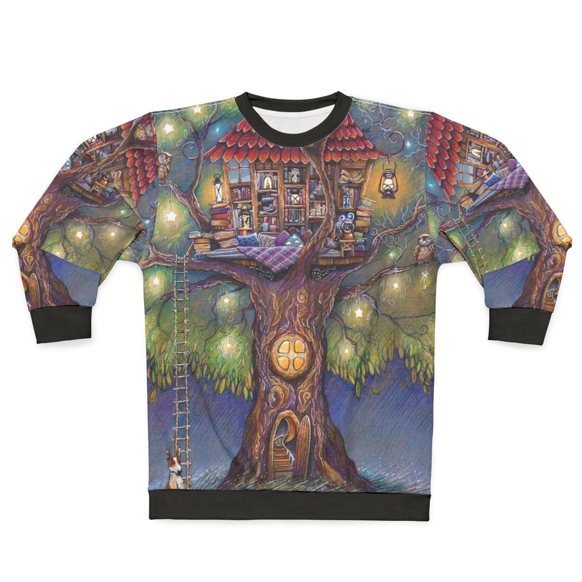 Cozy treehouse sweatshirt with nature and book motifs